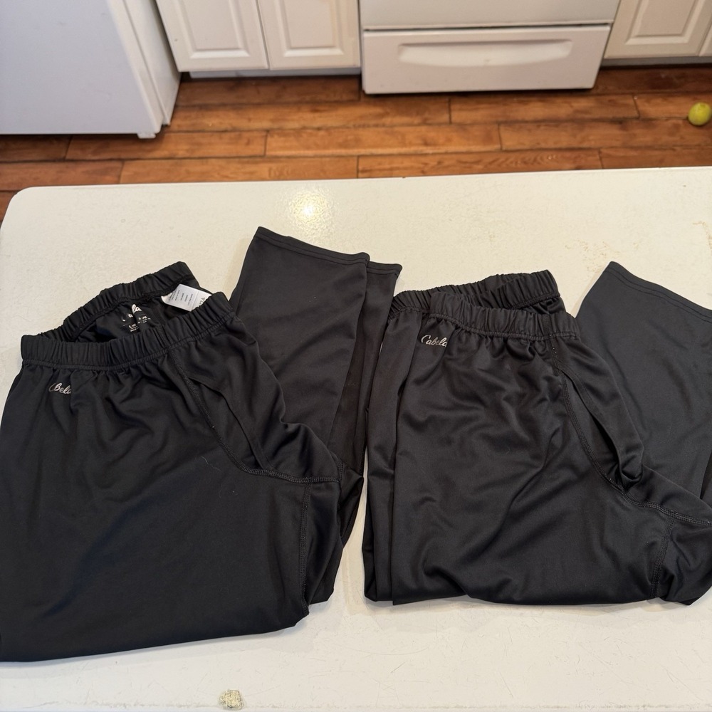 Cabelas Mens Base Layer Pants L Black Leggings Pull On Polyester 2 Pair